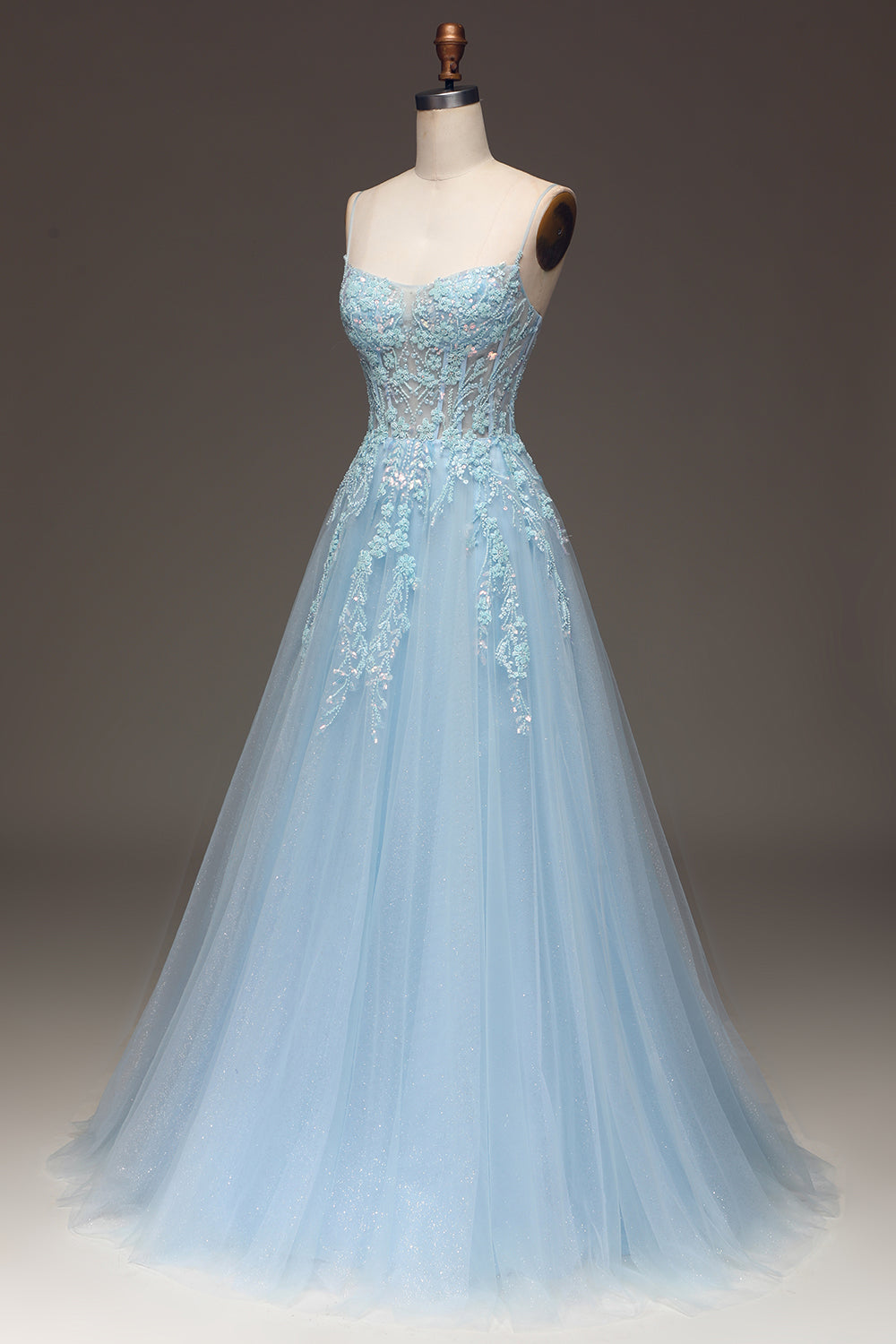 A Line Light Blue Sequin Spaghetti Straps Formal Dress With Appliques