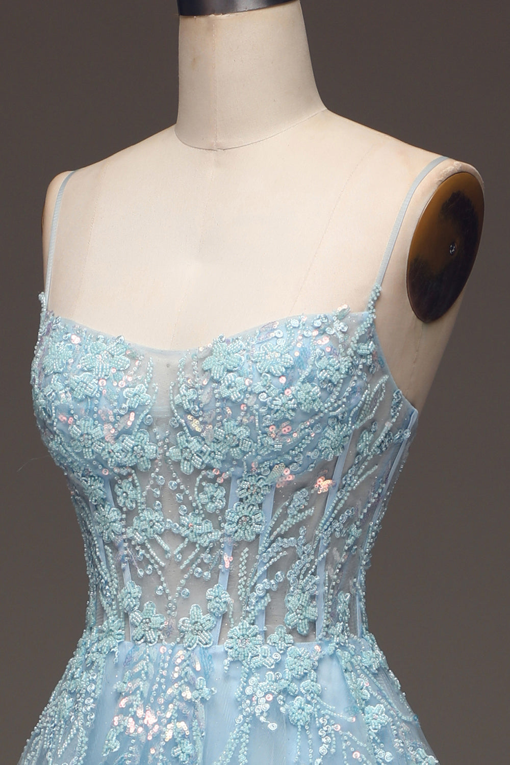 A Line Light Blue Sequin Spaghetti Straps Formal Dress With Appliques