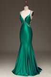 Green Deep V-neck Satin Mermaid Formal Dress with Lace-up Back