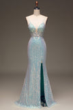 Sparkly Mermaid Grey Blue Formal Dress with Slit