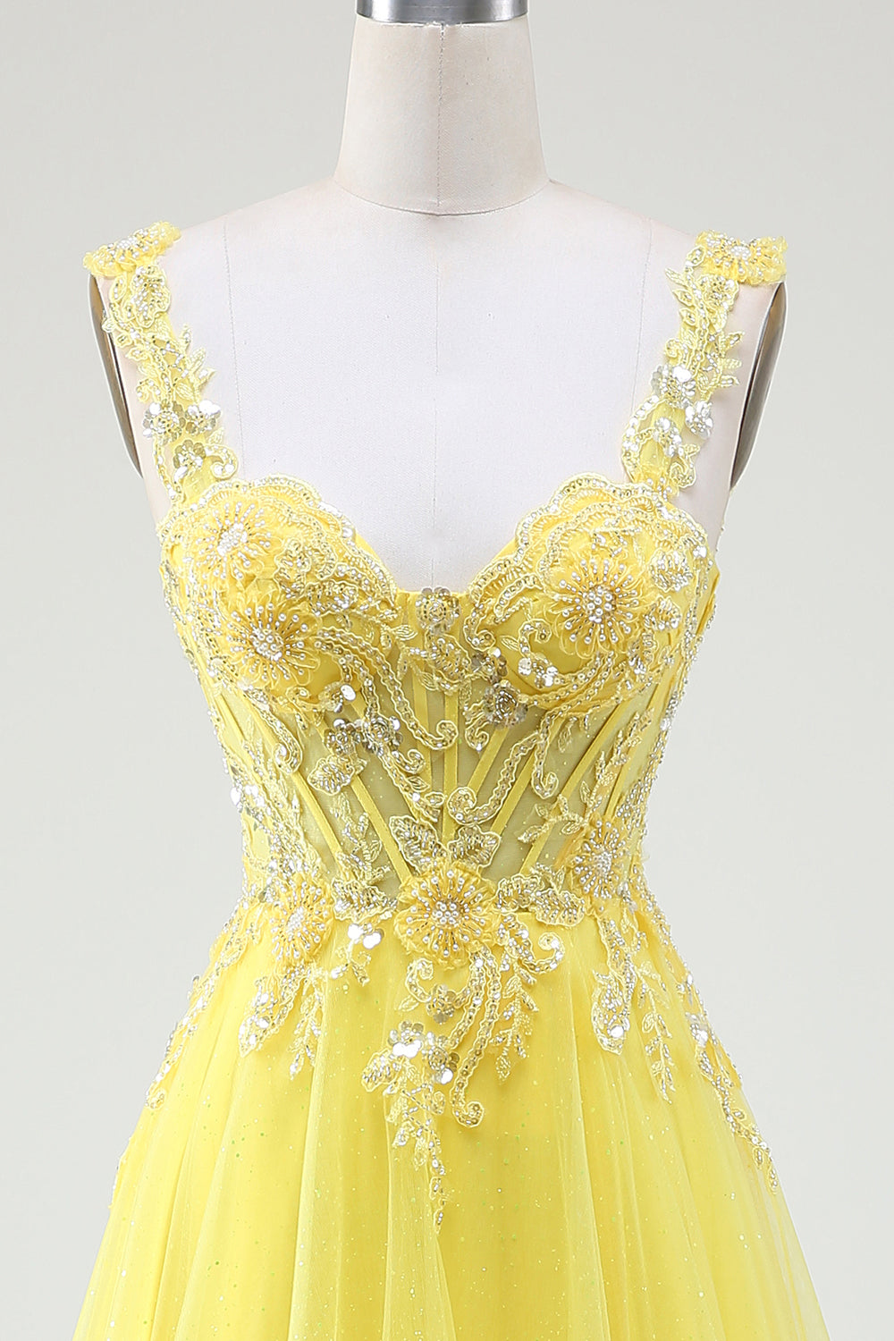 Tulle Beaded Yellow Corset Formal Dress with Slit