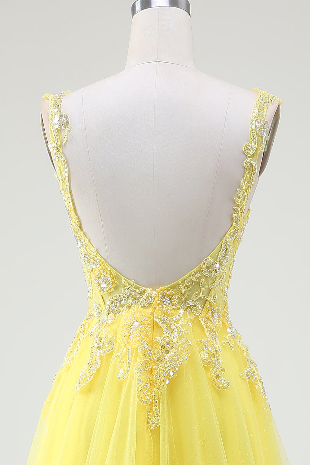 Tulle Beaded Yellow Corset Formal Dress with Slit
