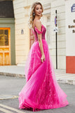A-Line Cold Shoudler Sparkly Hot Pink Corset Formal Dress with Beading