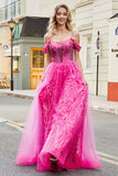 A-Line Cold Shoudler Sparkly Hot Pink Corset Formal Dress with Beading