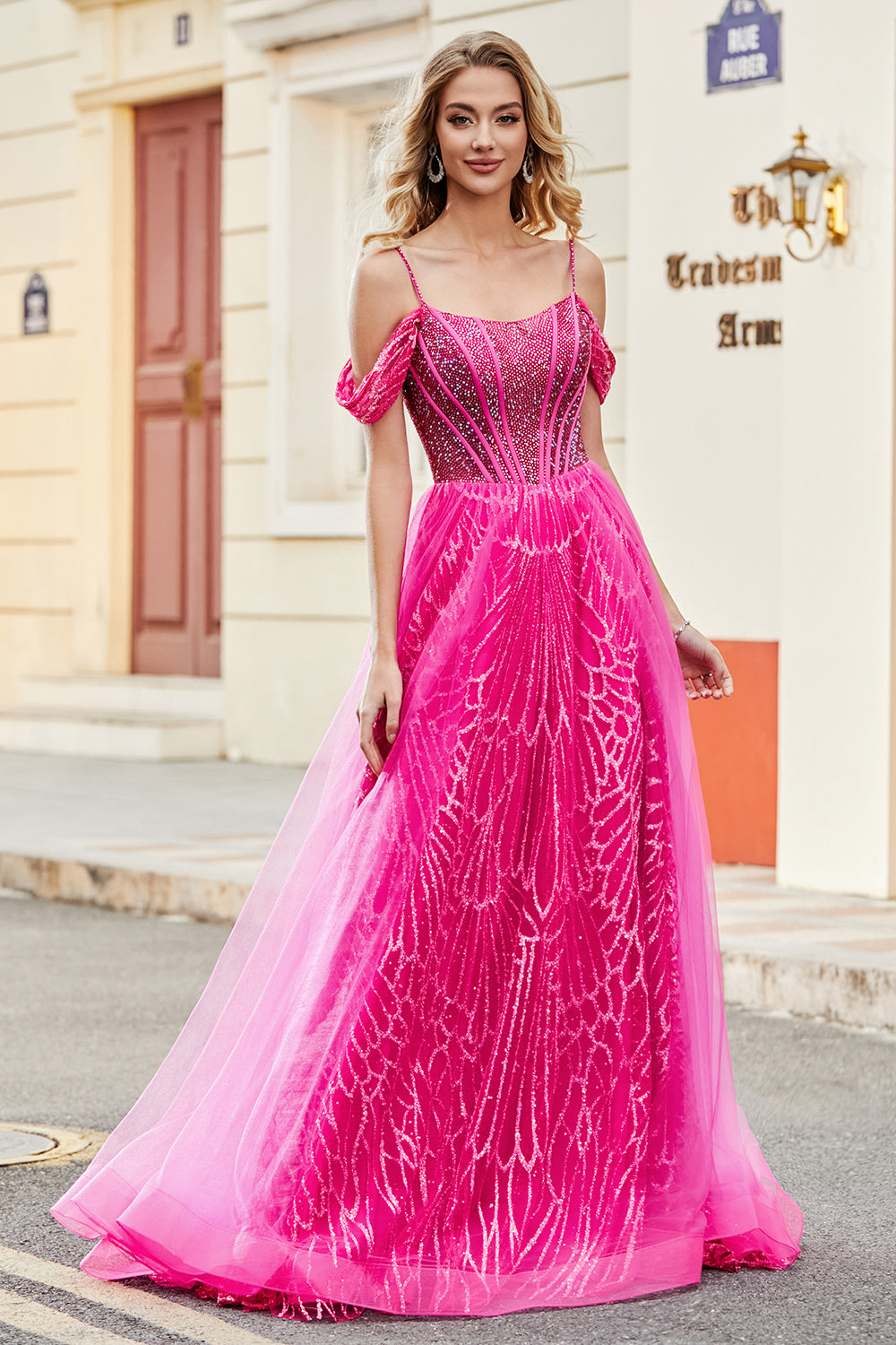 A-Line Cold Shoudler Sparkly Hot Pink Corset Formal Dress with Beading