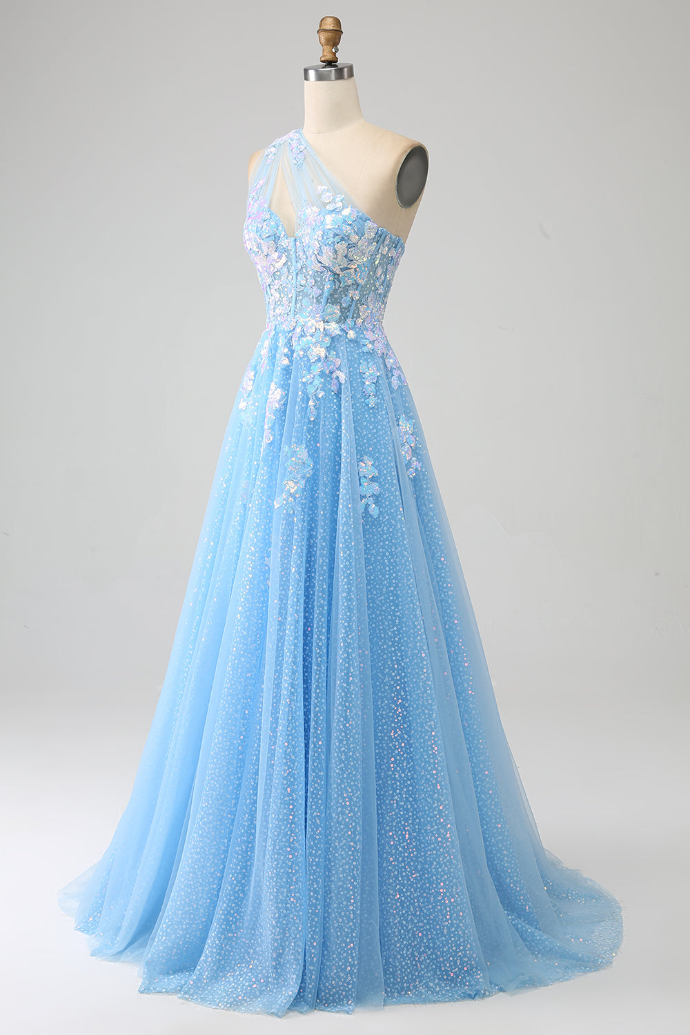 Stunning A Line One Shoulder Light Blue Long Tulle Formal Dress with Appliques