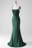 Dark Green Mermaid Spaghetti Straps Long Corset Formal Dress