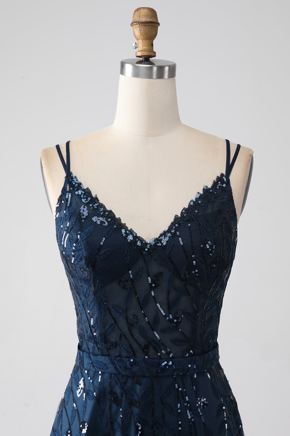 A-Line Dark Navy Spaghetti Straps Long Formal Dress with Slit