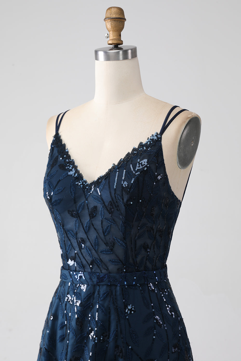 A-Line Dark Navy Spaghetti Straps Long Formal Dress with Slit