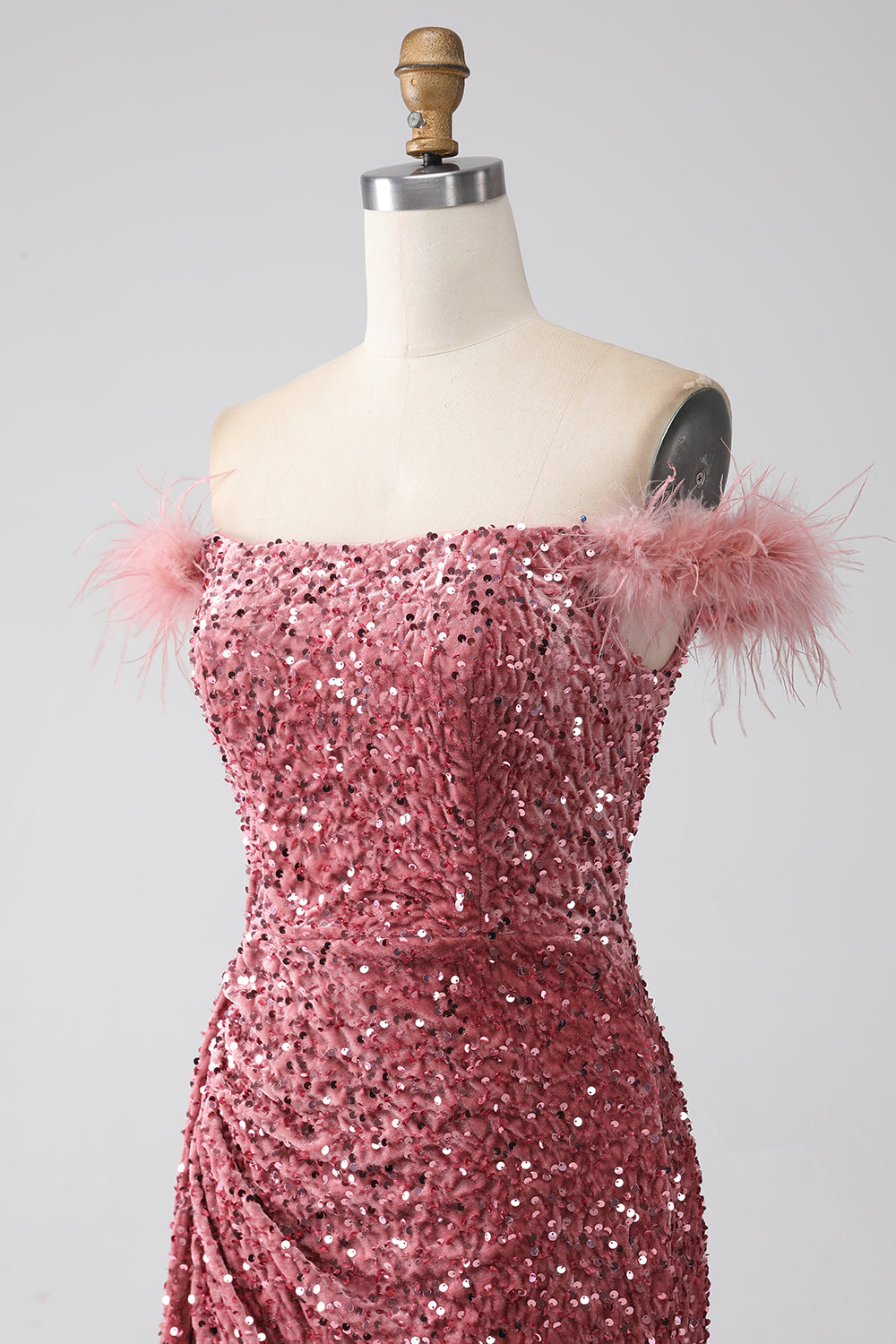 Mermaid Off the Shoulder Blush Sequins Formal Dress with Slit