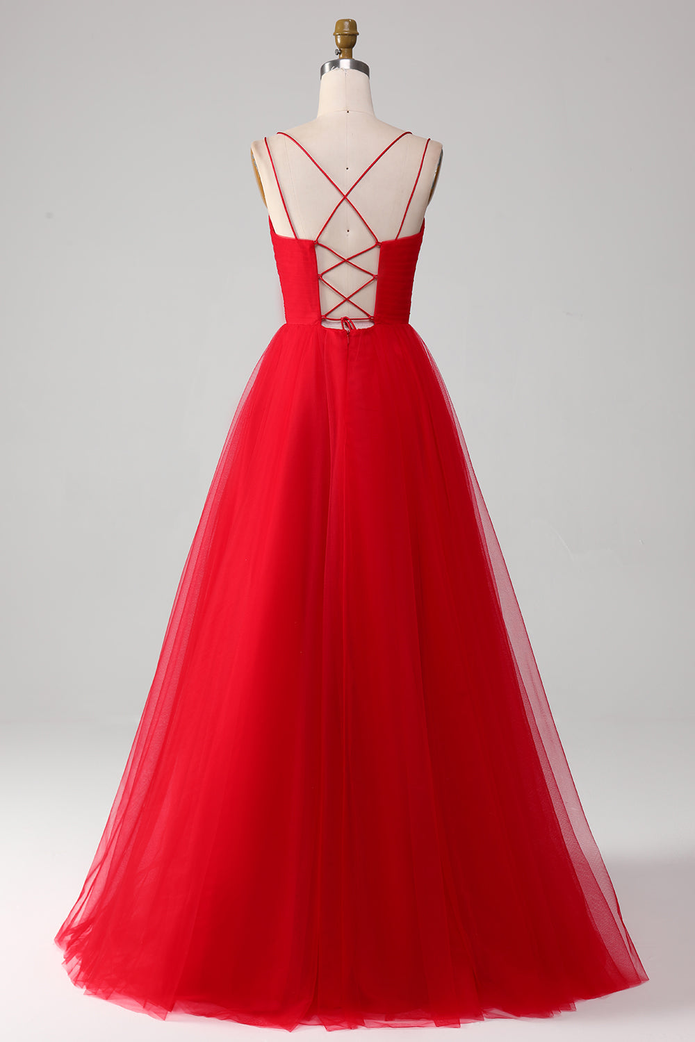 Red Tulle Spaghetti Straps A-Line Lace-Up Back Formal Dress