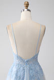 A-Line Spaghetti Straps Grey Blue Formal Dress with Beading