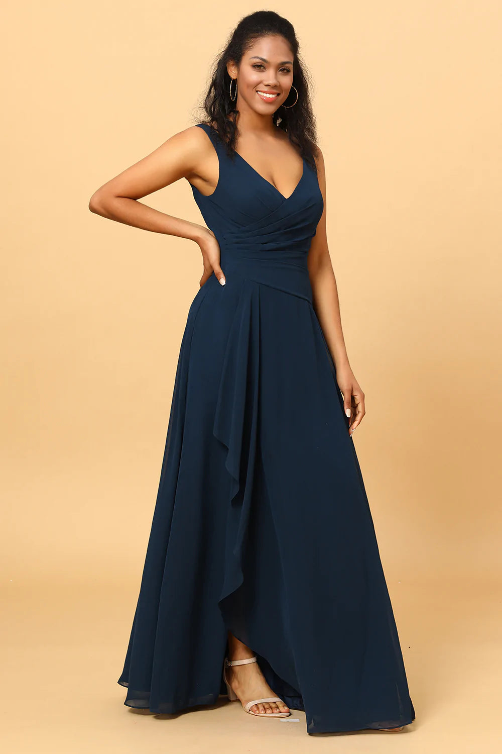 Navy V-Neck Chiffon Bridesmaid Dress with Ruffles