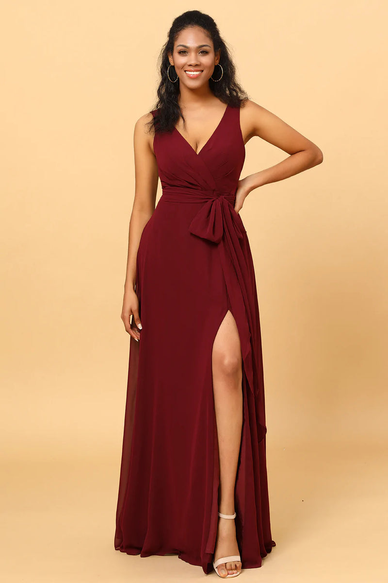 ZAPAKA Women Burgundy Chiffon Bridesmaid Dress with Slit Wrap A