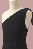 Black Chiffon One Shoulder A-Line Junior Bridesmaid Dress