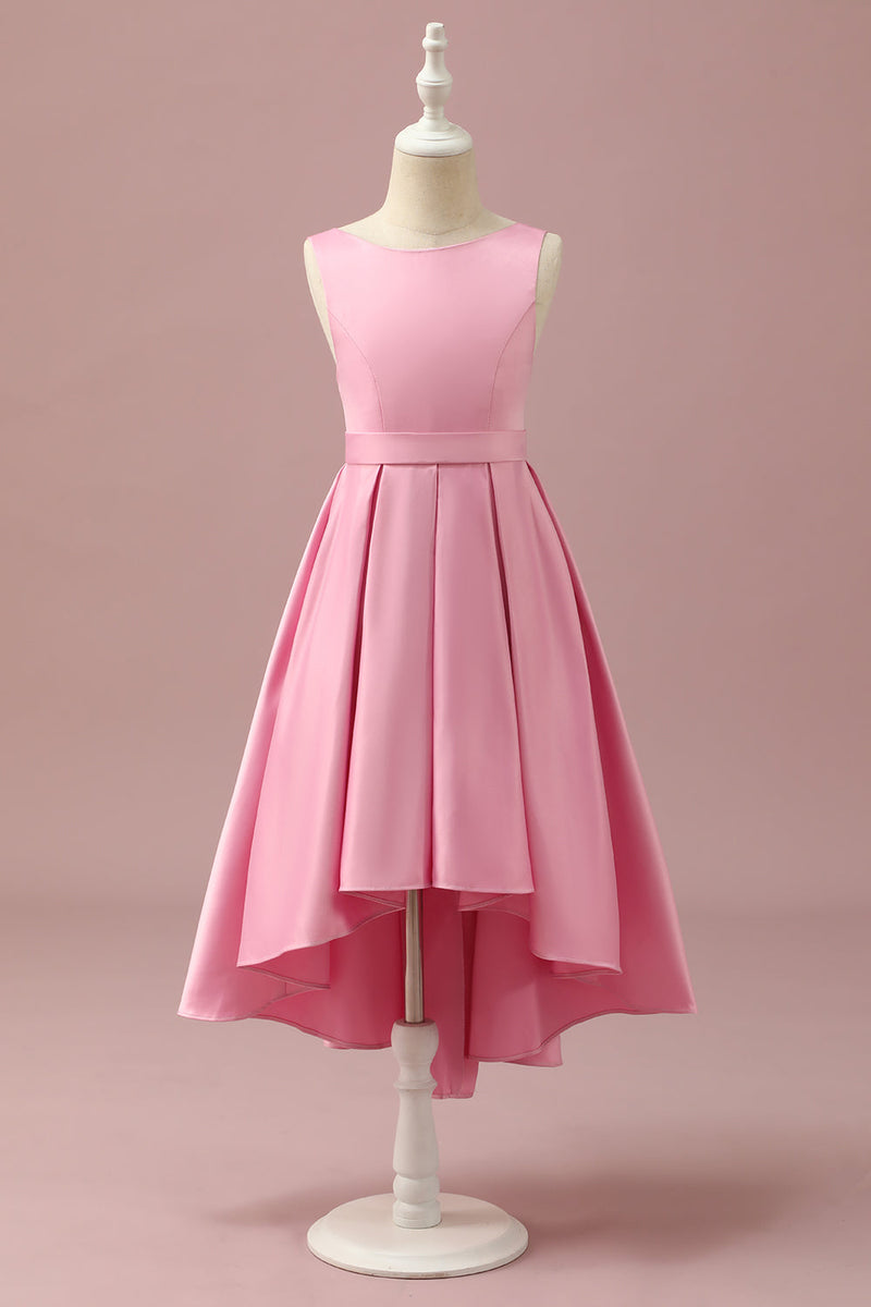 Zapaka Women Junior Bridesmaid Dress Pink Satin High Low Flower