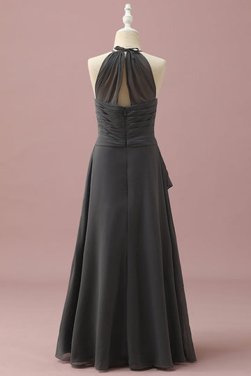 Black Halter Neck A-Line Junior Bridesmaid Dress With Cascading Ruffles