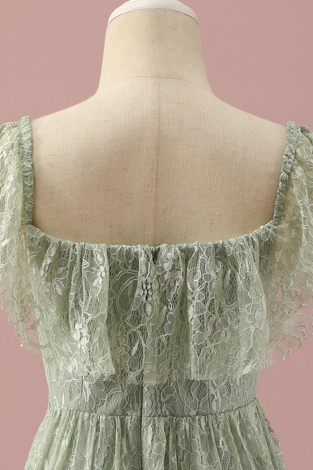 Green Lace Square Neck High Low Junior Bridesmaid Dress