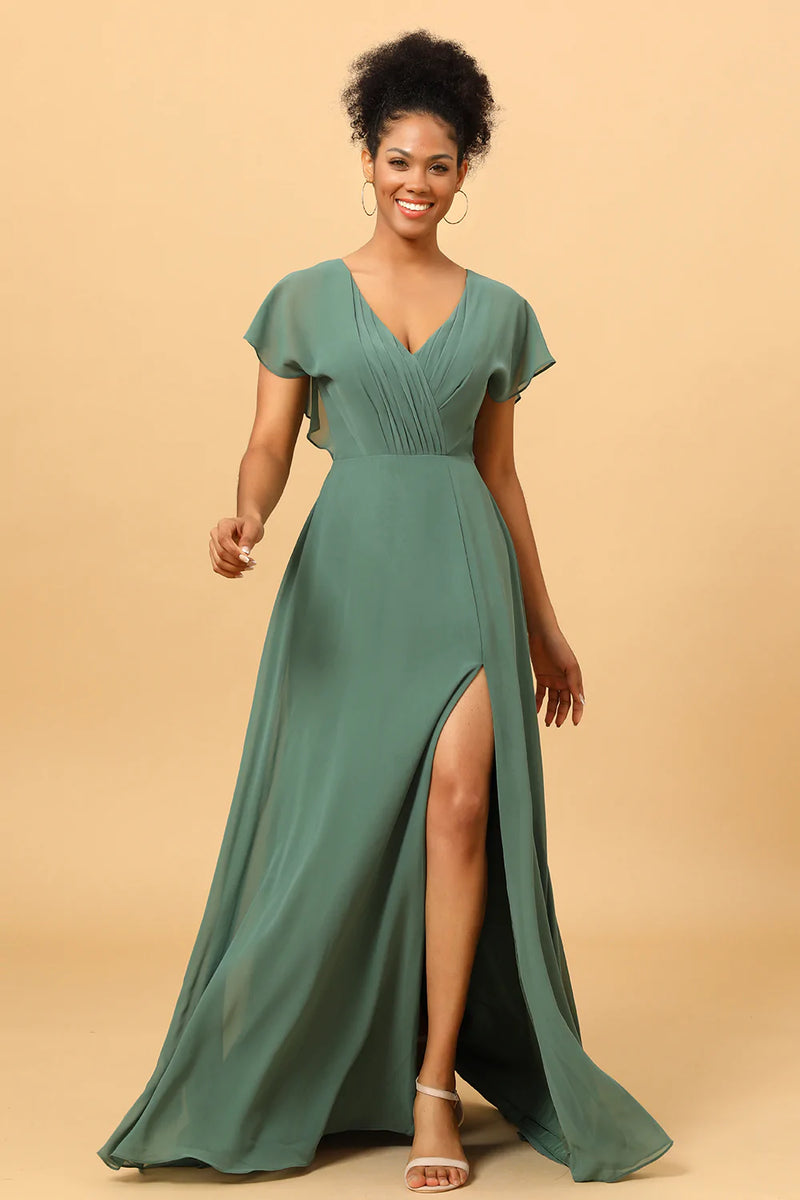 ZAPAKA Women A Line Green Bridesmaid Dress Chiffon V Neck Wedding