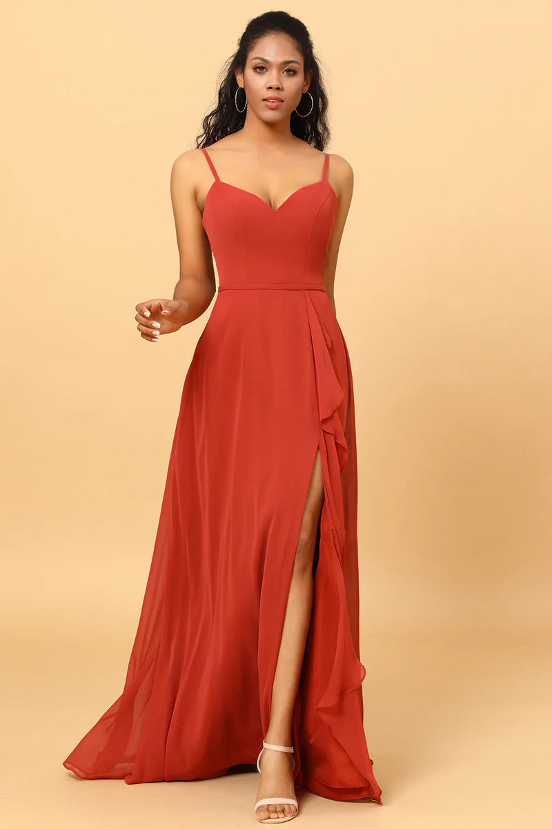 Spaghetti Straps Chiffon A Line Bridesmaid Dress with Slit