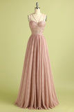 Pink Split Front Spaghetti Straps Prom Dress