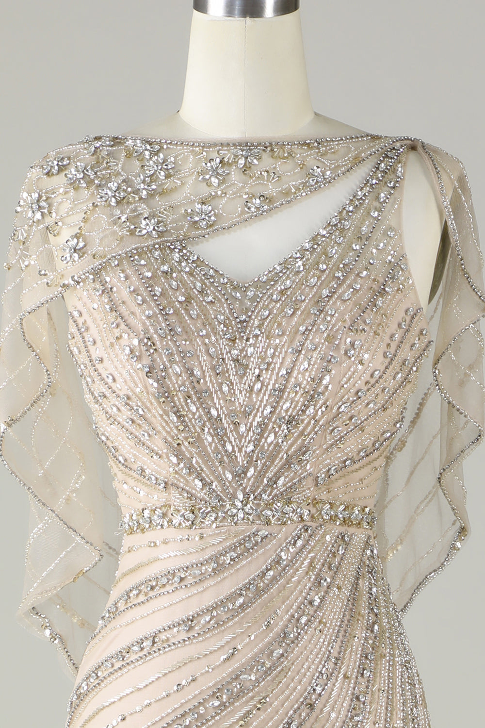 Sparkly Champagne Beaded Mermaid Long Formal Dress with Wrap
