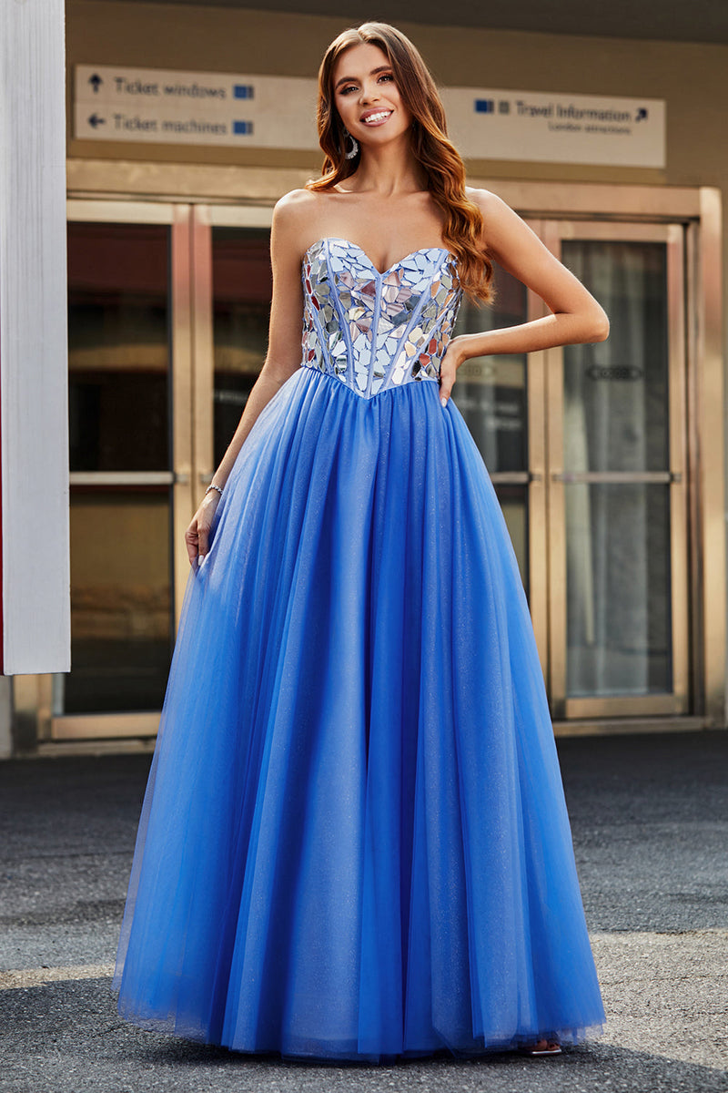 Royal Blue A Line Sweetheart Broken Mirrors Strapless Corset Long Formal Dress