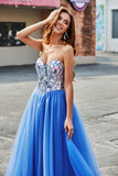 Royal Blue A-Line Sweetheart Broken Mirrors Strapless Corset Long Formal Dress