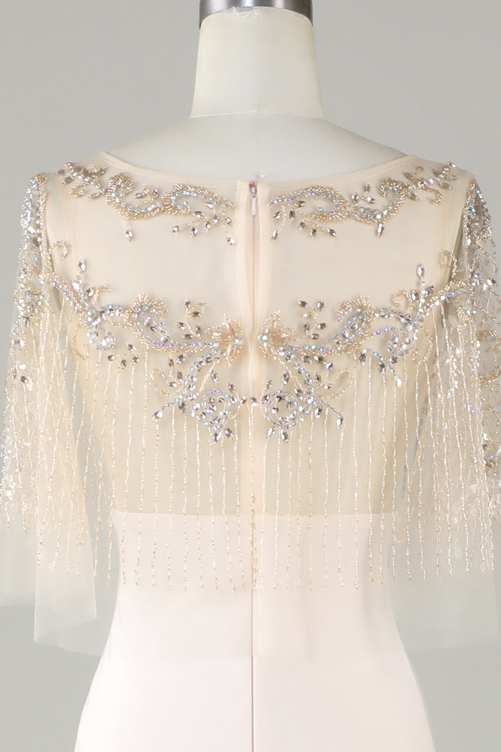 Sparkly Champagne Boat Neck Beaded Mermaid Long Formal Dress