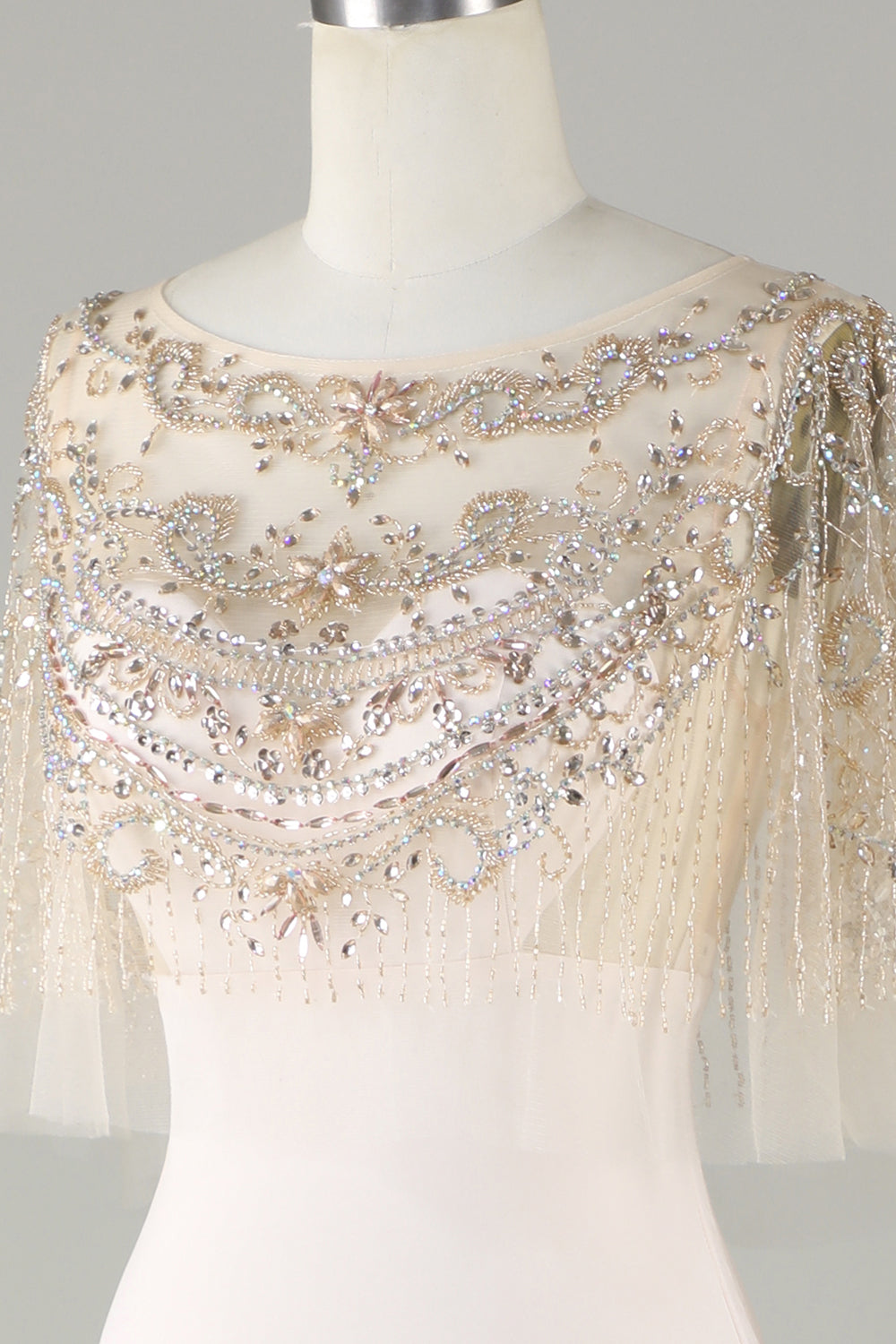 Sparkly Champagne Boat Neck Beaded Mermaid Long Formal Dress