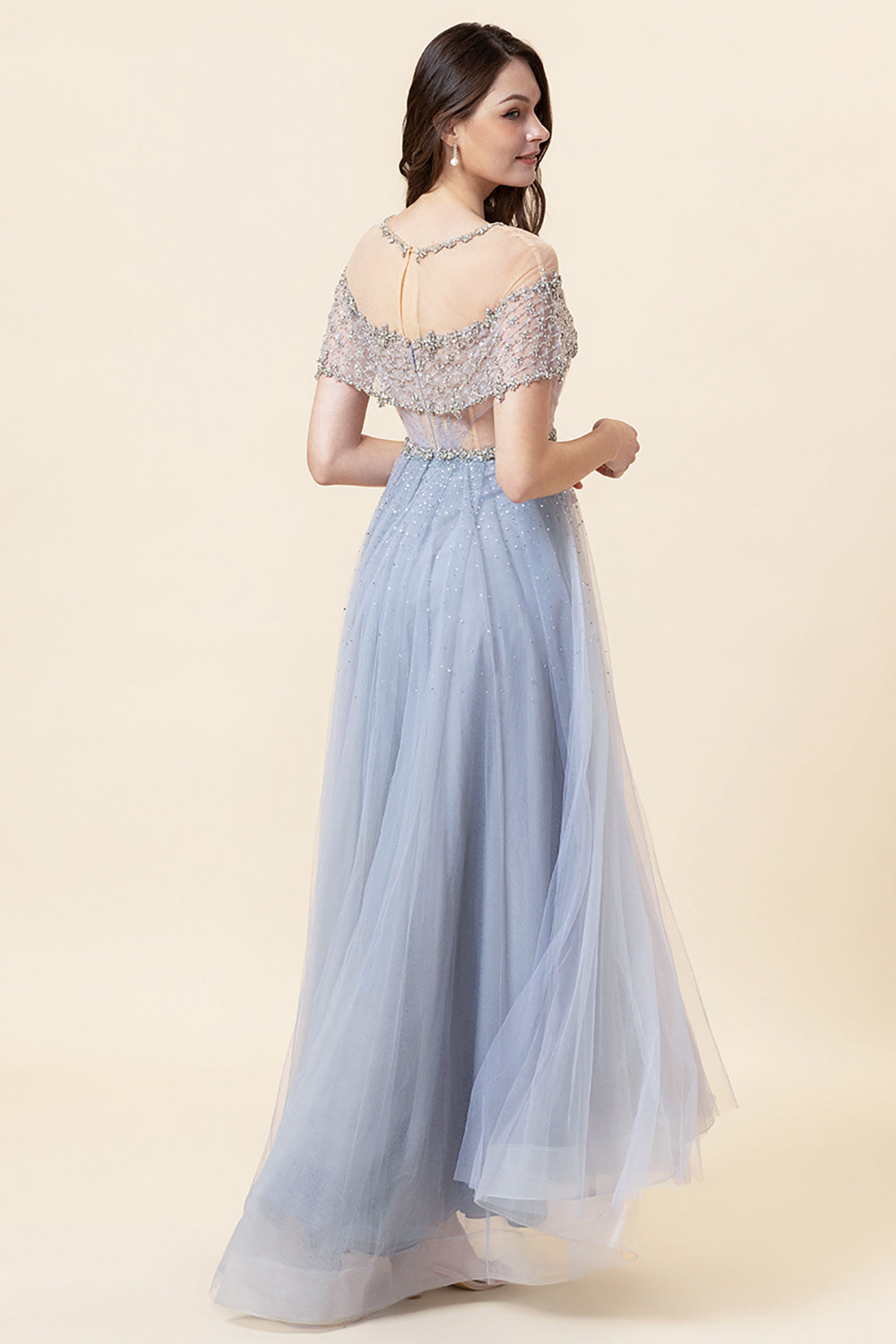 Sparkly Grey Beaded Long Tulle Formal Dress