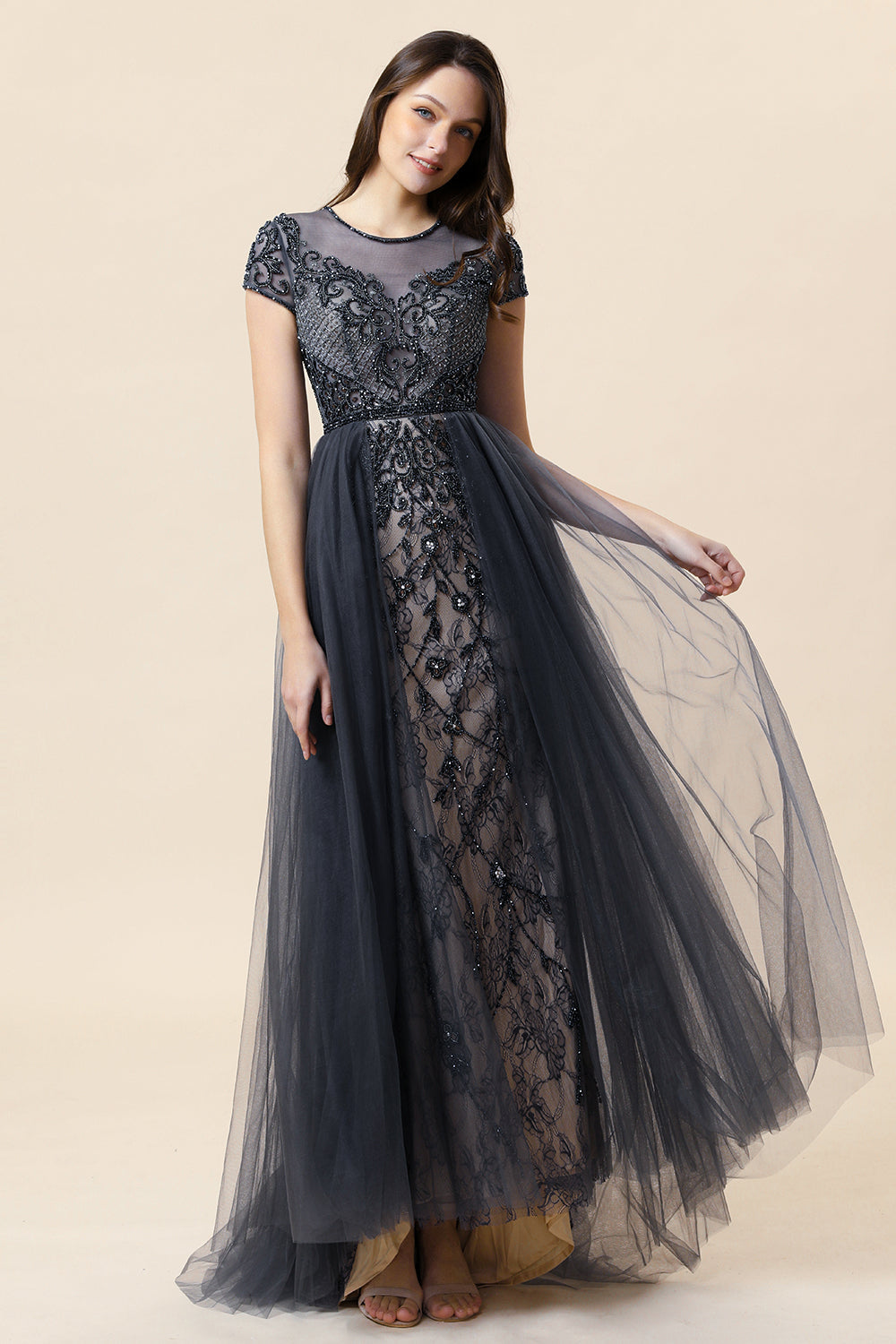 Sparkly Dark Grey Beaded Long Formal Dress