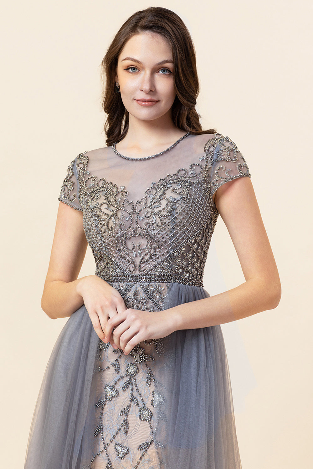 Sparkly Dark Grey Beaded Long Formal Dress