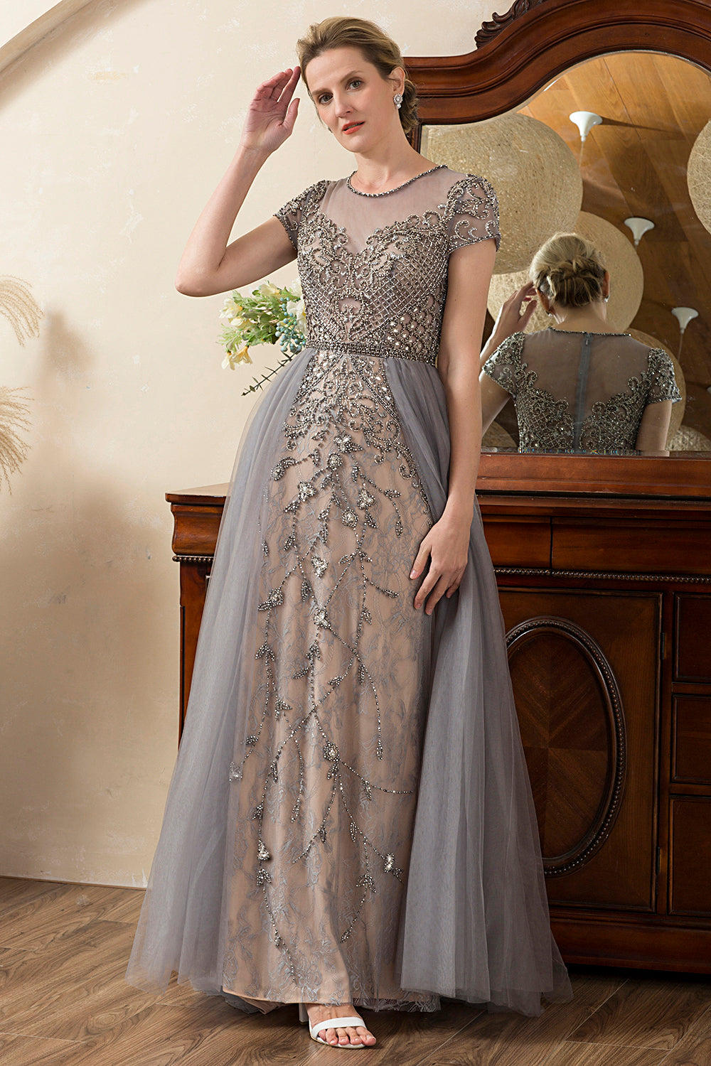 Grey A Line Tulle Beaded Glitter Mother of the Bride Dress