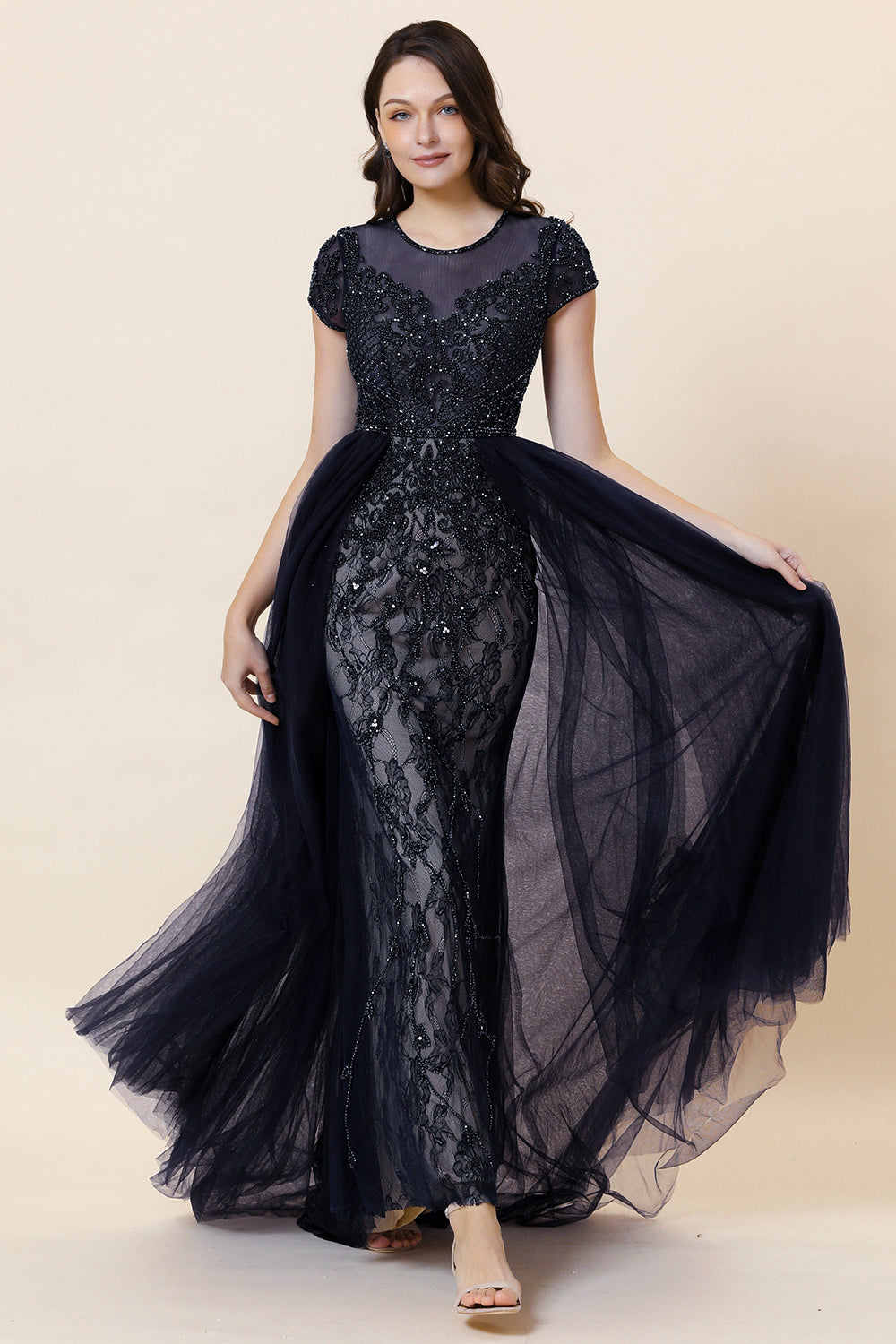 Sparkly Dark Grey Beaded Long Formal Dress