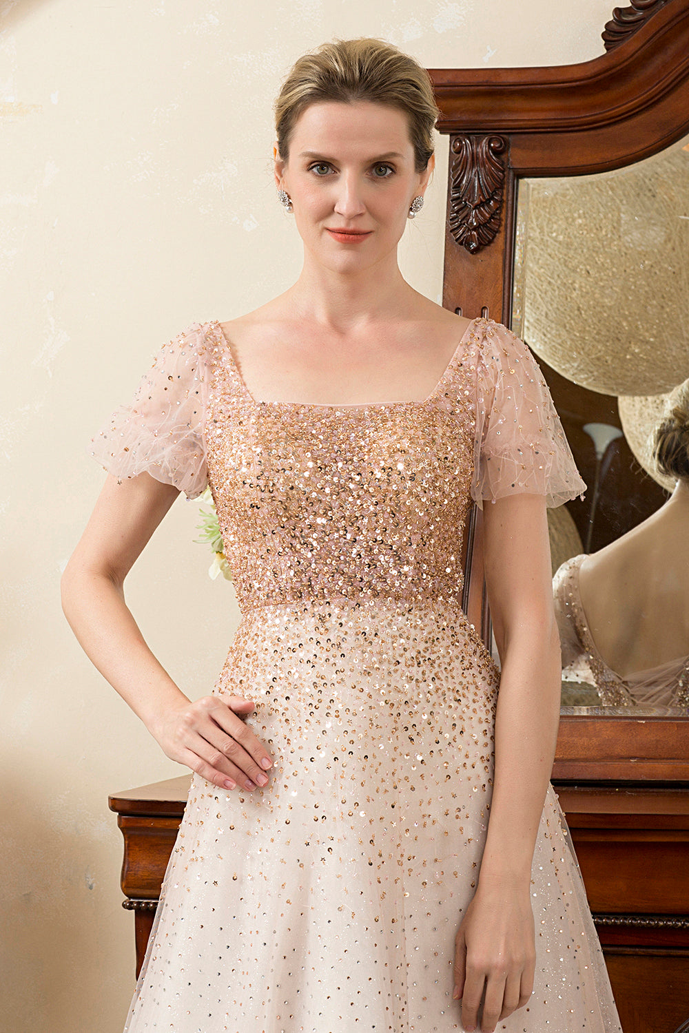 Blush Beaded A Line Sparkly Mother of the Bride Dress