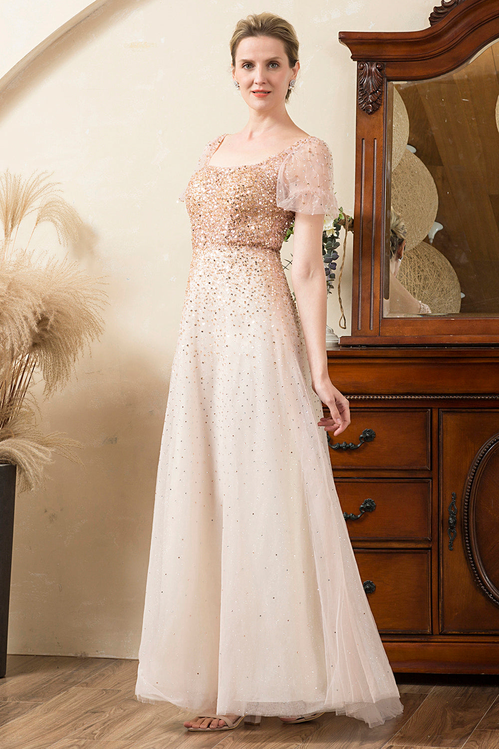 Blush Beaded A Line Sparkly Mother of the Bride Dress