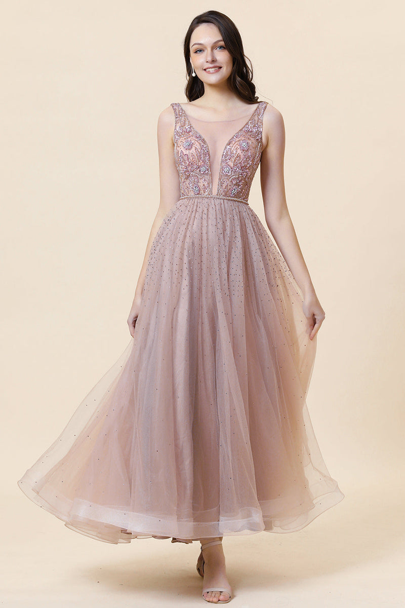 Sparkly Blush Beaded Long Tulle Formal Dress