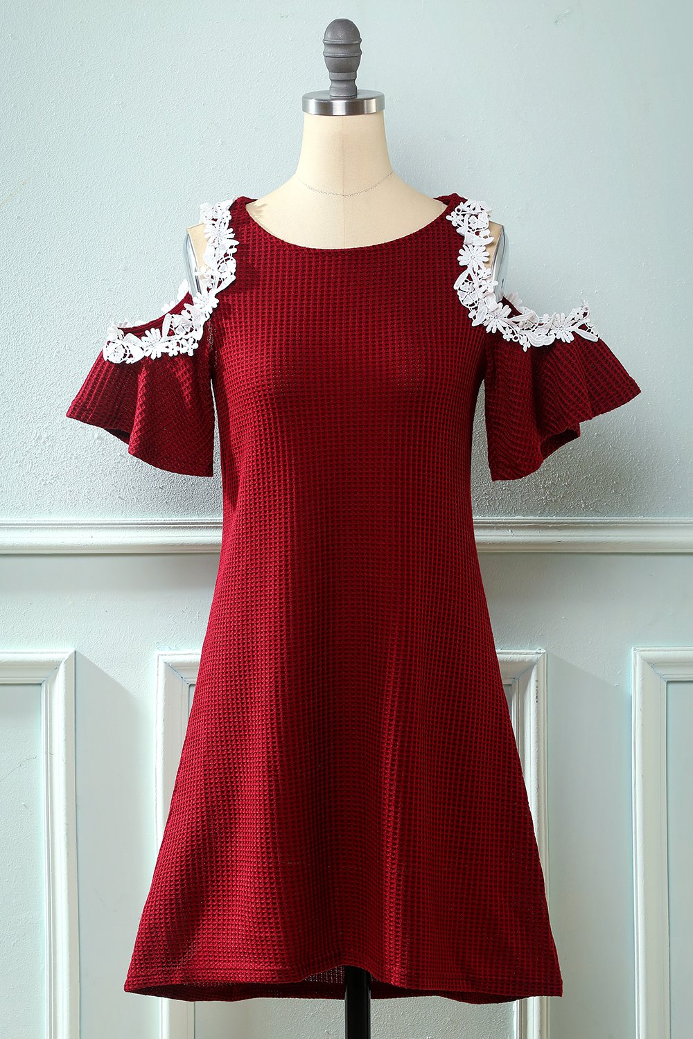 Dark Red Off the Shoulder Knitted Dress with Appliques