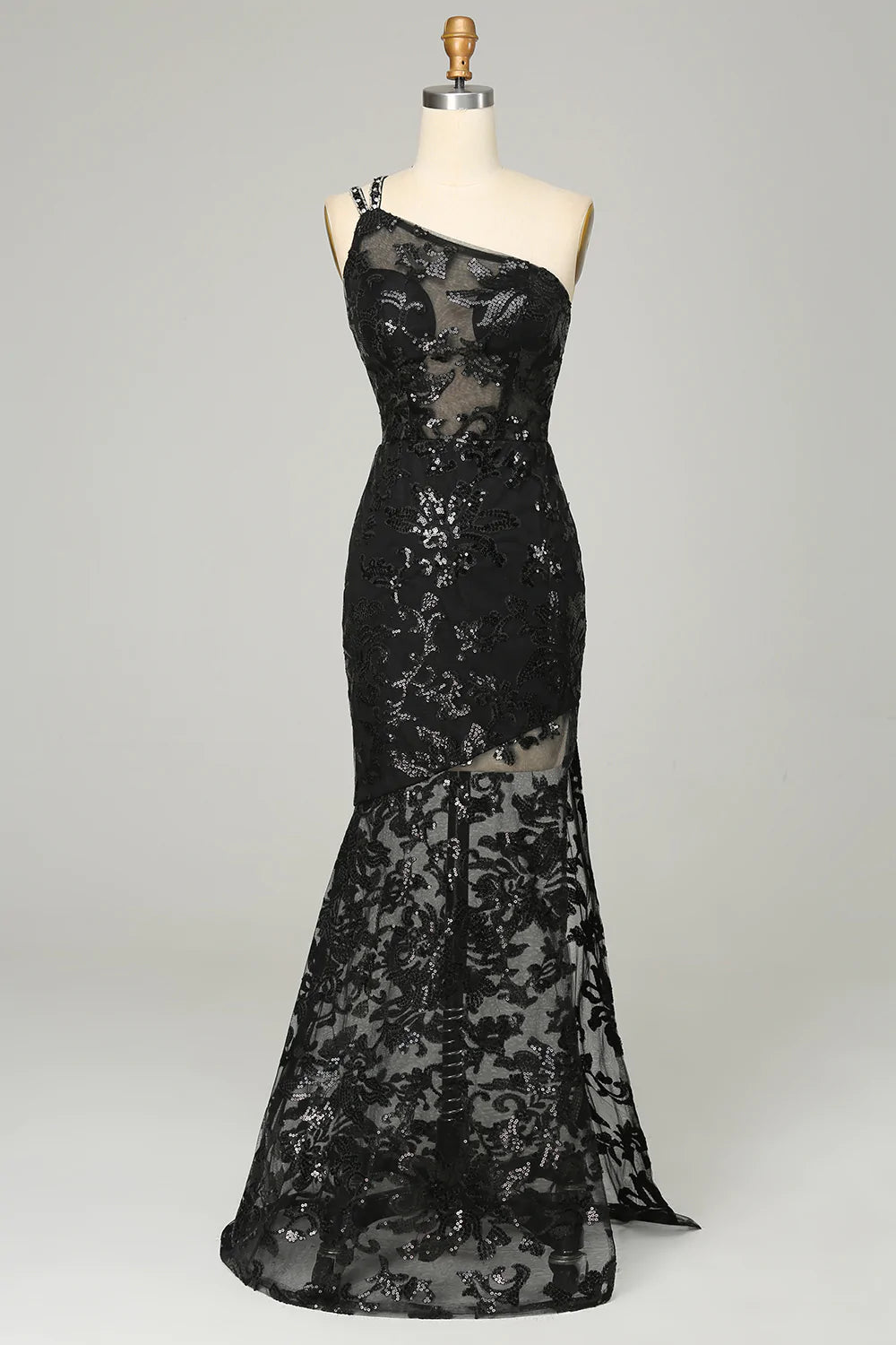 Sheath One Shoulder Backless Black Lace Long Formal Dress