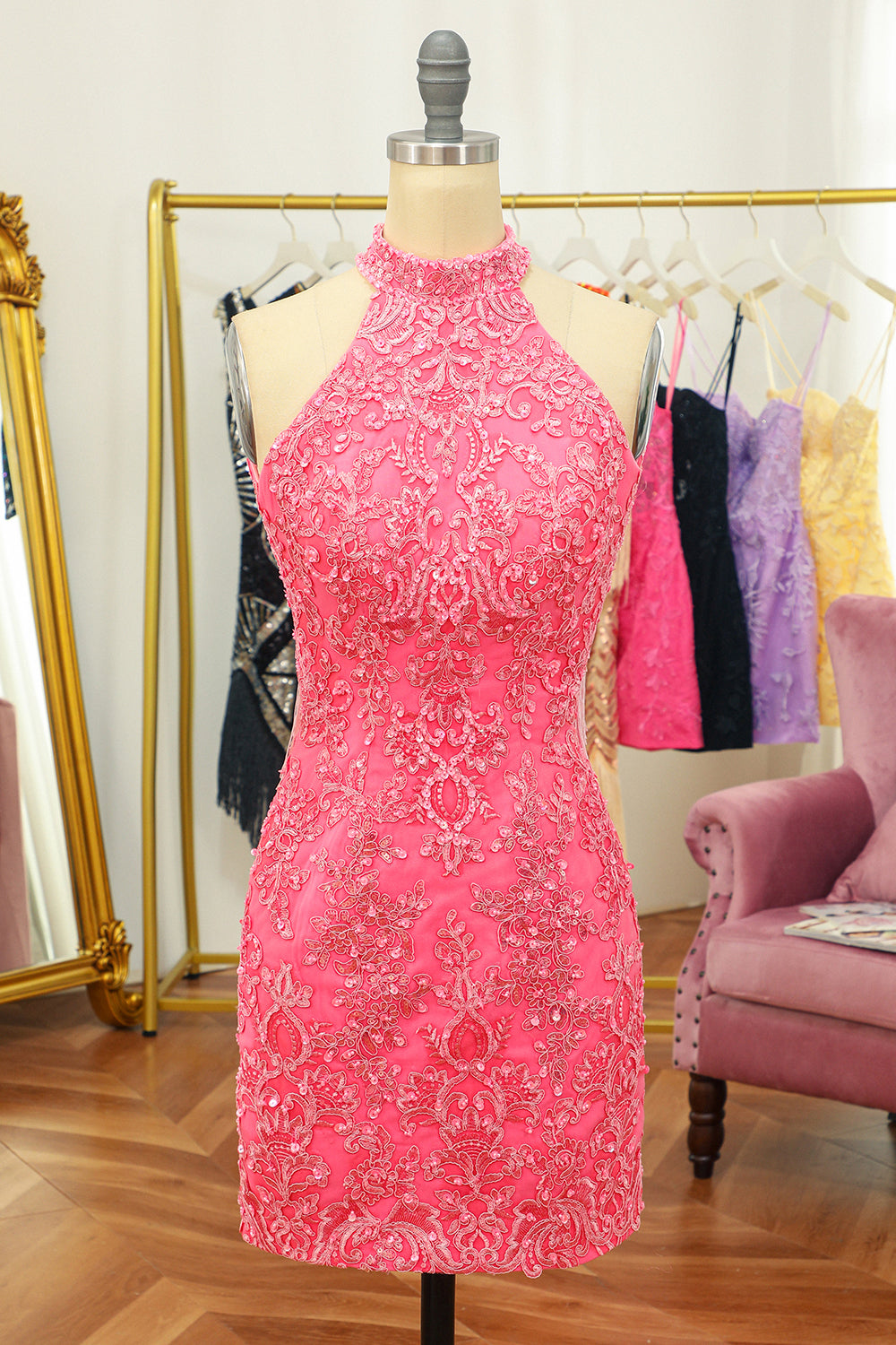 Pink Open Back Halter Lace Tight Short Formal Dress