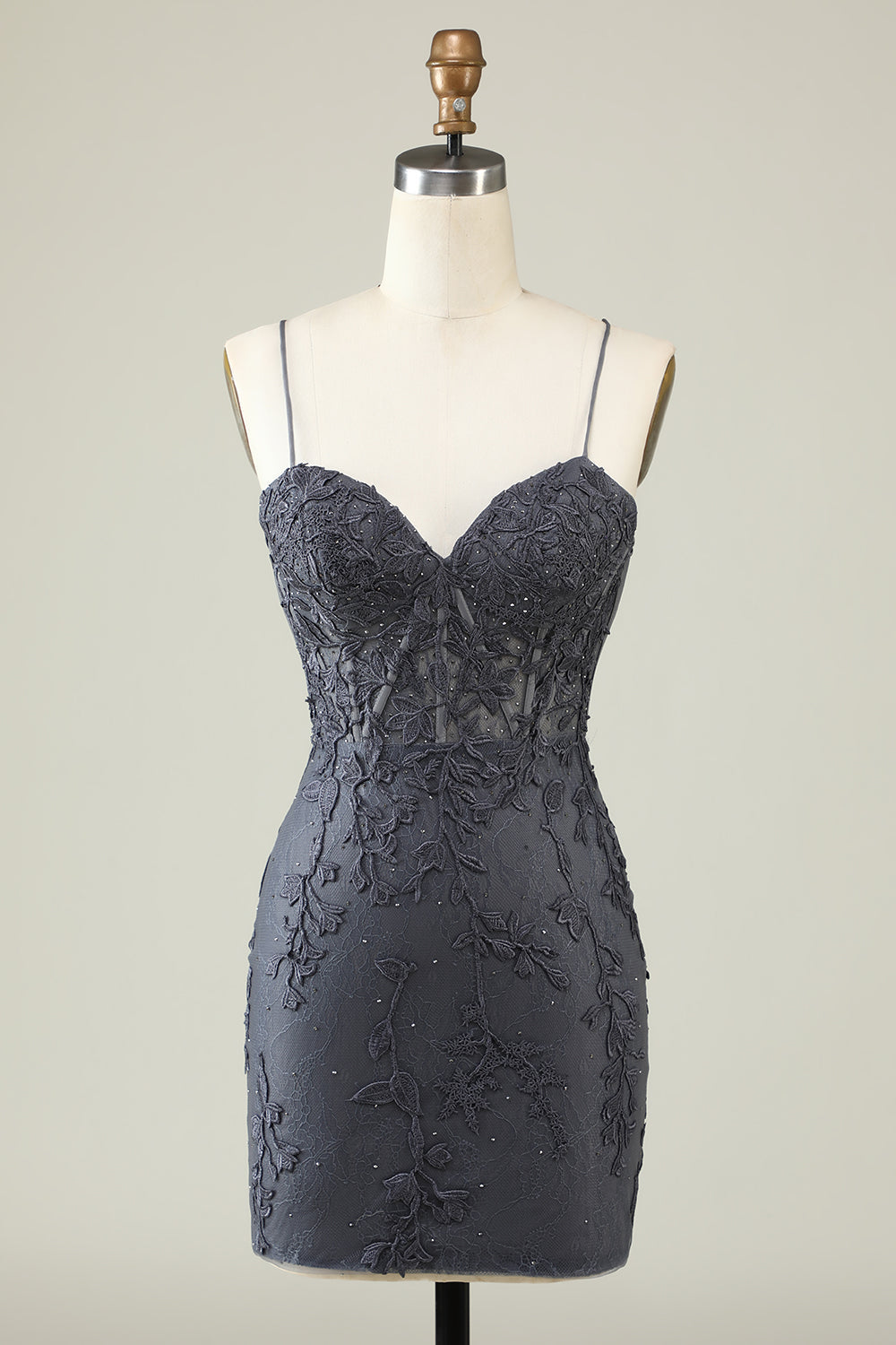 Spaghetti Straps Grey Bodycon Short Formal Dress with Appliques