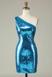 Glitter Royal Blue One Shoulder Sequins Tight Short Formal Dress