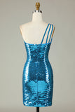 Glitter Royal Blue One Shoulder Sequins Tight Short Formal Dress