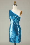 Glitter Royal Blue One Shoulder Sequins Tight Short Formal Dress