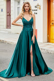 Trendy A Line Spaghetti Straps Peacock Green Long Formal Dress with Appliques