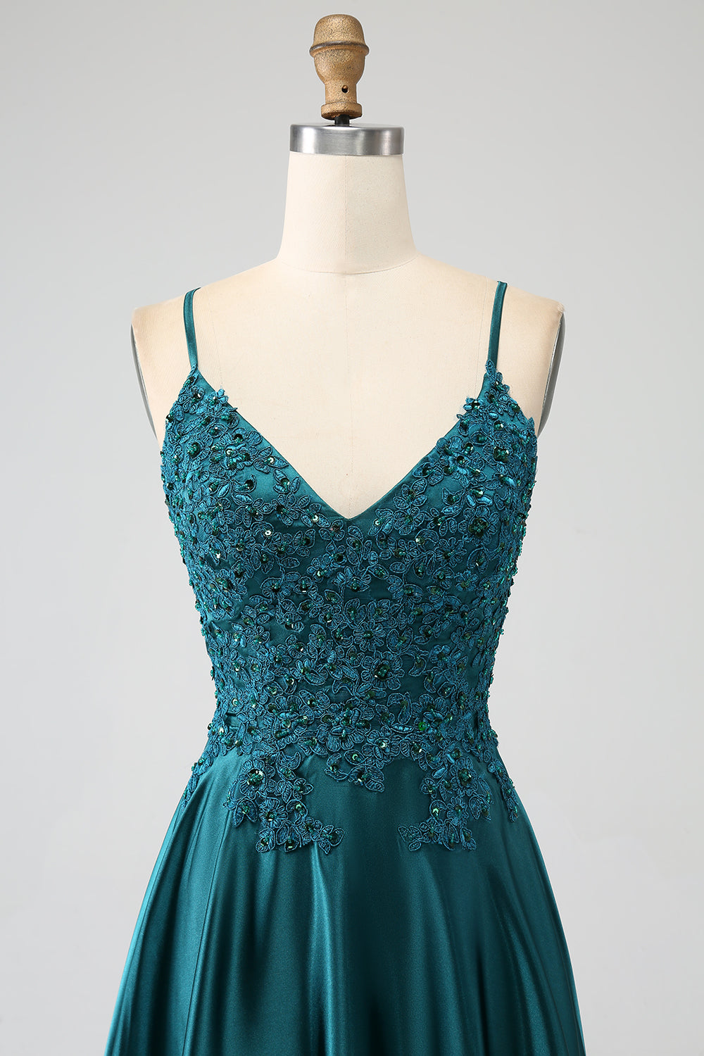 Peacock Green A-Line Spaghetti Straps Long Formal Dress with Slit