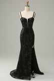 Mermaid Spaghetti Straps Black Sequins Long Formal Dress with Split Front
