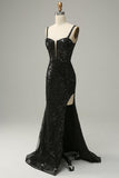 Sparkly Mermaid Black Sequins Long Formal Dress with Slit