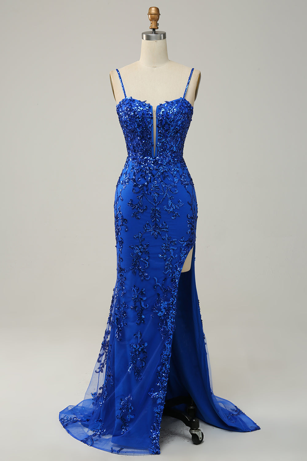 Mermaid Spaghetti Straps Royal Blue Sequins Long Formal Dress with Split Front